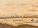 painting of a landscape with boats in the water and a mountain in the distance