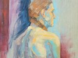 an oil painting of a woman ' s profile in a blue dress