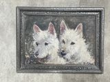 painting of two white dogs in a picture frame on a wall
