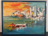 painting of a painting of a boat in a body of water with a city in the background