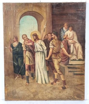 an old painting of a man holding a sword in front of a group of people