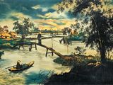 un tableau représentant deux personnes dans un bateau sur l'eau