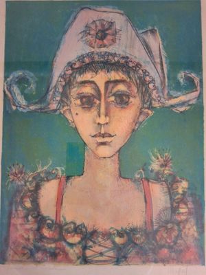 painting of a woman wearing a hat with flowers in her hair