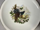 two plates with birds painted on them sitting on a table