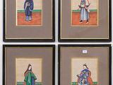 four framed paintings of asian women in traditional clothing