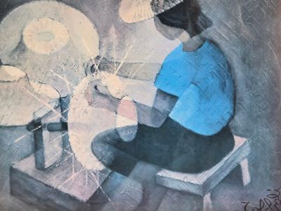 un tableau représentant une femme assise à une table avec un tambour