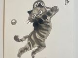 un tableau représentant un chat jouant avec une balle