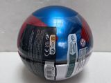 a close up of a blue and red ball on a white surface