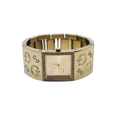 an image of a gold bracelet with a clock on it