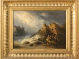 a painting of a rocky coast with waves crashing against the rocks