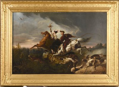une image représentant un tableau où l'on voit un homme à cheval poursuivant une meute de chiens