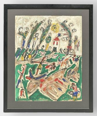 framed picture of a painting of a landscape with people and trees