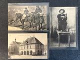 three old black and white photos of a man on a horse and a woman on a horse