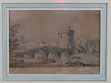 tableau représentant un château avec un pont enjambant un plan d'eau