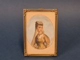 an old picture of a woman in a gold frame on a blue background