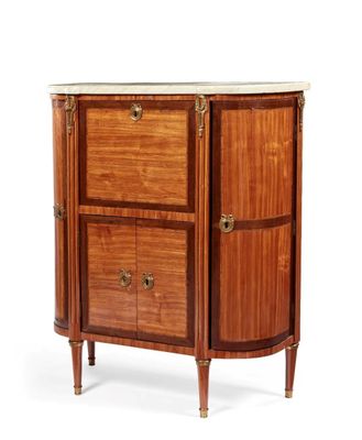 a wooden cabinet with two drawers and a marble top