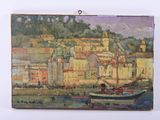 une peinture représentant un bateau dans l'eau à côté d'un bâtiment