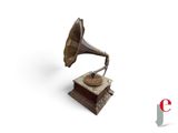 an old gramphone on a wooden stand with a white background