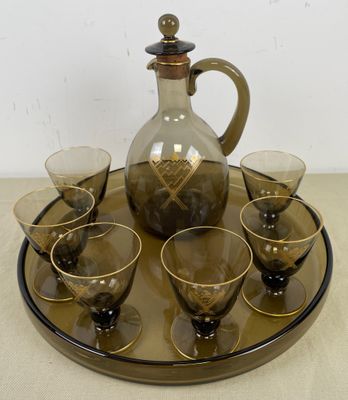 DAUM: Service à liqueur en cristal fumé décor à l'or compren…