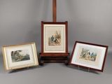 trois reproductions encadrées représentant une scène de chasse et une autre scène de chasse
