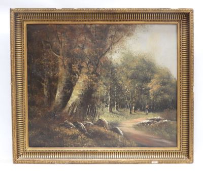 an oil painting of a country road with sheep in a wooded area