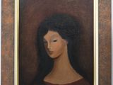 an oil painting of a woman ' s face in a brown frame