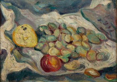 a painting of a plate of fruit on a table
