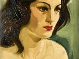 une peinture à l'huile représentant une femme aux cheveux foncés sur fond vert