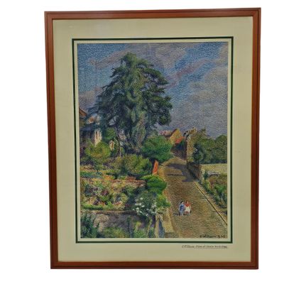 a painting of a garden scene with a house in the background