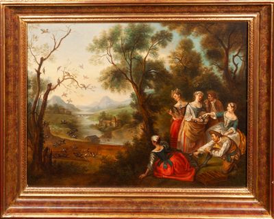 an oil painting of a family gathering in a wooded setting