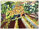 une image d'un tableau représentant un paysage avec des arbres et des buissons