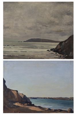 two paintings of a beach and a body of water