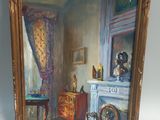 an oil painting of a room with a fireplace and a mirror