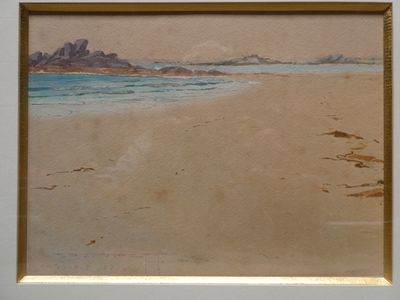 a picture of a painting of a beach scene in a gold frame