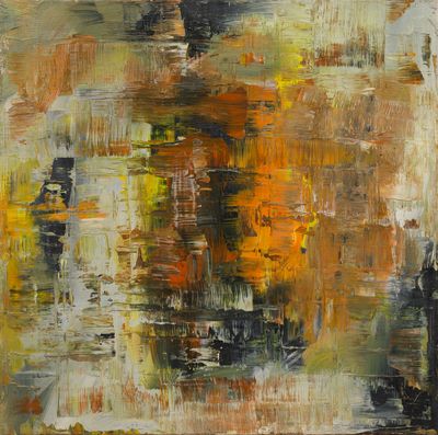 une peinture abstraite représentant un arbre aux couleurs orange et jaune au milieu d'un champ