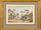 l'image d'un tableau représentant un paysage avec un château en arrière-plan