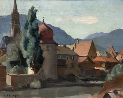 painting of a view of a town with a church and a river