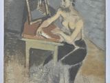 painting of a man sitting at a table with a picture frame
