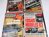 four magazine covers of different cars on a white surface