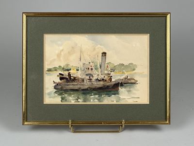 aquarelle encadrée représentant un remorqueur sur un plan d'eau