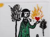 painting of a man holding a heart in his hand with flames coming out of it