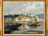 une image représentant un tableau montrant des bateaux sur l'eau près d'une ville