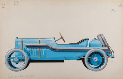 un dessin représentant une voiture bleue avec un système de direction et un volant