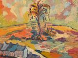 une peinture représentant un palmier sur une colline, avec le ciel en arrière-plan