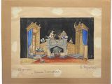 dessin représentant un décor de théâtre avec une cheminée et un rideau de scène