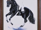 tableau représentant un cheval noir galopant dans l'eau, sur fond blanc
