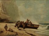 a painting of a group of people on a boat on the beach