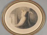 une vieille photo d'une femme en robe blanche dans un cadre doré