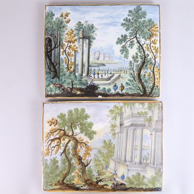 two paintings on a wall with a painting of a landscape and a building in the background