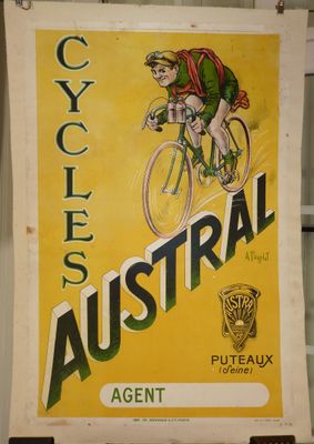 une vieille affiche représentant un homme à vélo sur fond jaune